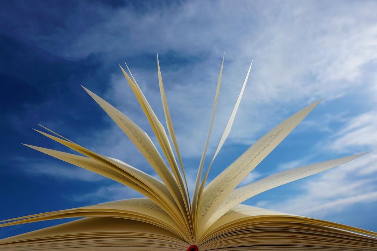 Publikation aufgeschlagenes Buch mit blauem Himmel im Hintergrund