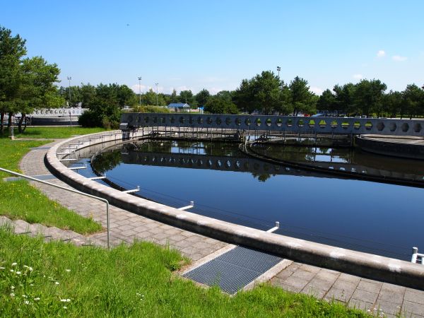 Klärbecken mit grün und Räumerbrücke