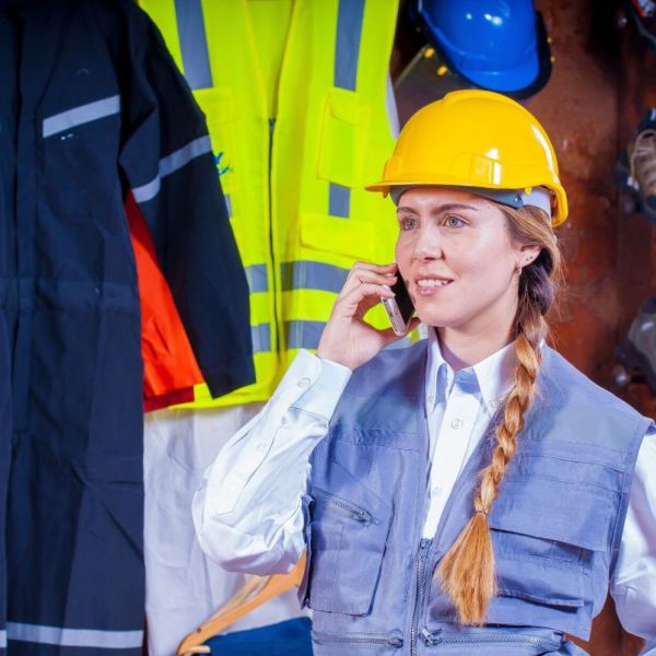 junge Frau mit Schutzhelm telefoniert