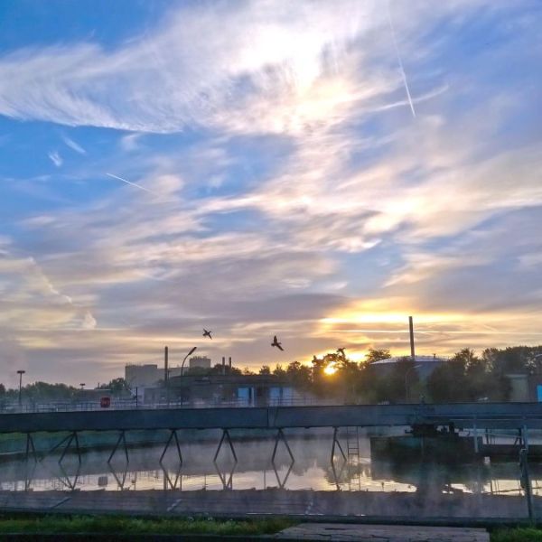 Klärbecken beim Sonnenaufgang